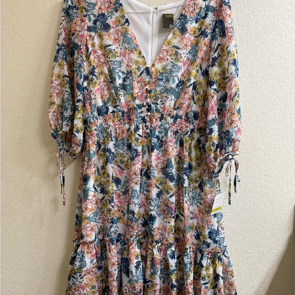 Taylor Multicolor Floral Elastic Waist, 3/4 Sleeve Dress